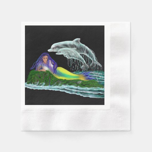 Serviette En Papier Sirène avec dauphins (Devant)