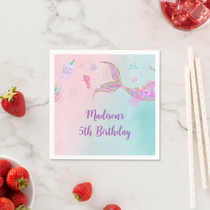 Serviette En Papier Sirène sous la mer rose violet Anniversaire