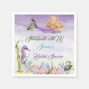 Serviette En Papier Sirène Violet Vert Or Hippocampe Crabe