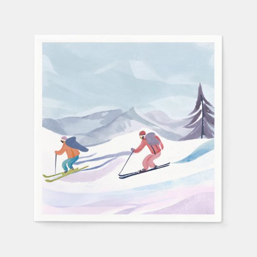 Serviette En Papier Ski Day | Watercolor Winter Mountain (Devant)