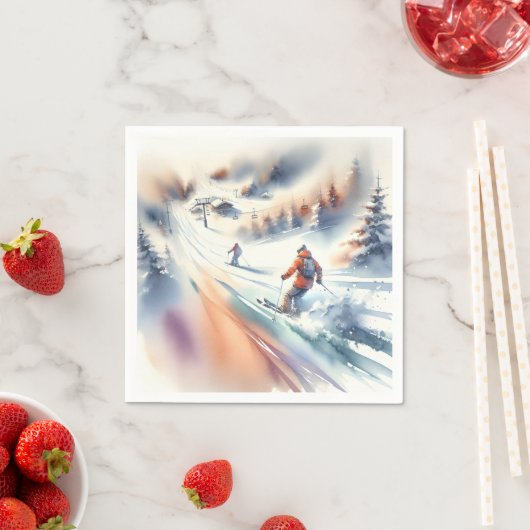 Serviette En Papier Ski De Neige En Aquarelle (En situation)