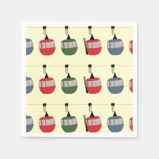 Serviette En Papier Ski d'hiver Rétro Gondola Ascenseur Skieurs Creme (Devant)