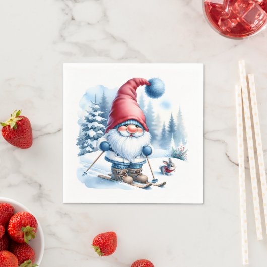 Serviette En Papier Ski Gnome d'hiver avec un lapin (En situation)