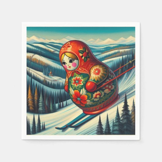 Serviette En Papier Ski Poupée Matryoshka Neige d'hiver (Devant)