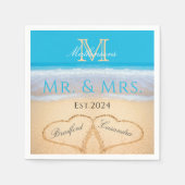 Serviette En Papier Sky Blue Beach Mariage 2 Coeurs dans le sable (Devant)