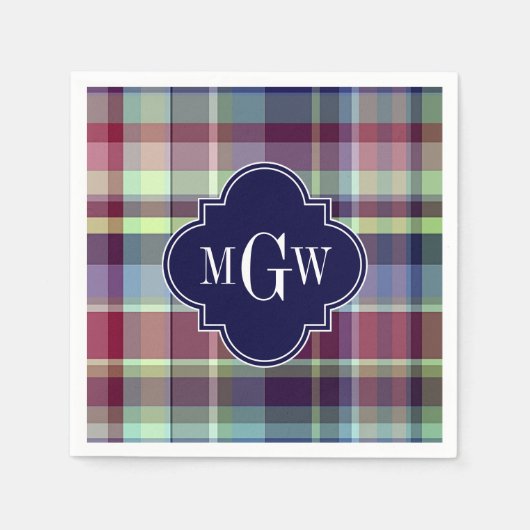 Serviette En Papier Sky Blue Navy Bourgogne Whats Preppy Madras Monogr (Devant)