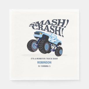 Serviette En Papier Smash Crash - Moderne Blue Monster Truck Anniversa