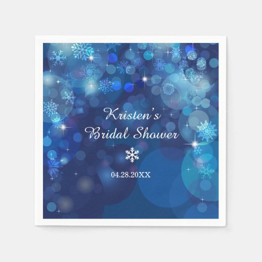 Serviette En Papier Snowflake Blue Bokeh Fête des mariées d'hiver (Devant)
