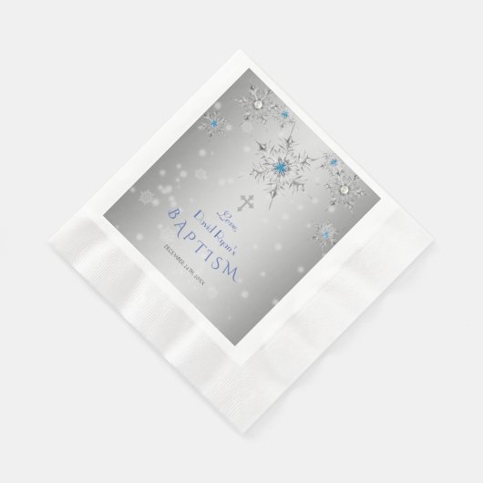 Serviette En Papier Snowflakes Silver Cristaux Perles Garçon Gris Bapt (Coin)