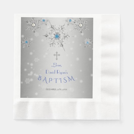 Serviette En Papier Snowflakes Silver Cristaux Perles Garçon Gris Bapt (Devant)