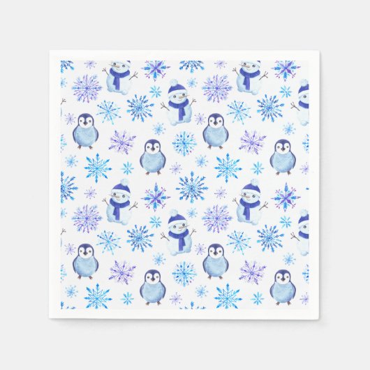 Serviette En Papier Snowflakes, Snowmen et Pingouins de Noël (Devant)