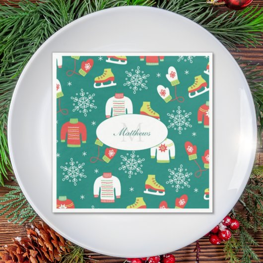Serviette En Papier Snowflakes Turquoise Monogramme Motif Noël