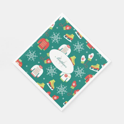 Serviette En Papier Snowflakes Turquoise Monogramme Motif Noël (Coin)