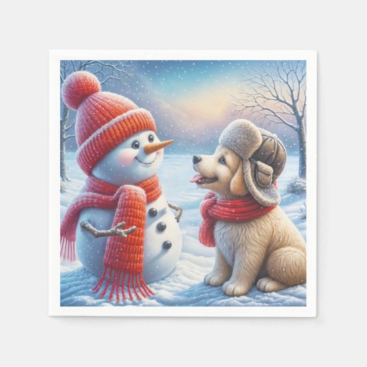 Serviette En Papier Snowman Avec Chien (Devant)