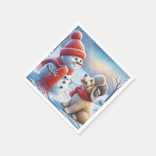 Serviette En Papier Snowman Avec Chien (Coin)