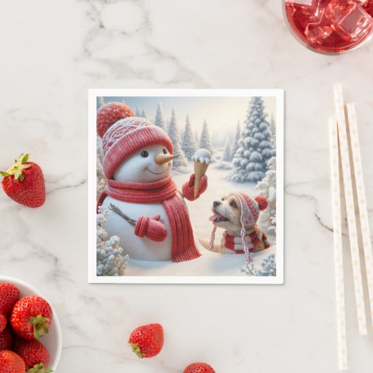 Serviette En Papier Snowman avec Ice Cream Cône et Chien (En situation)