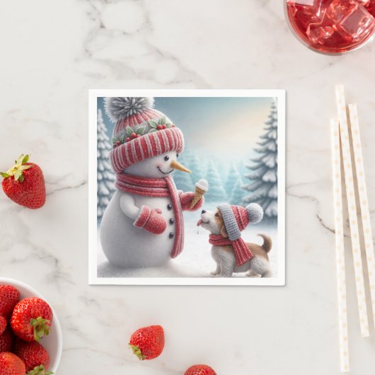 Serviette En Papier Snowman de Noël avec chien (En situation)