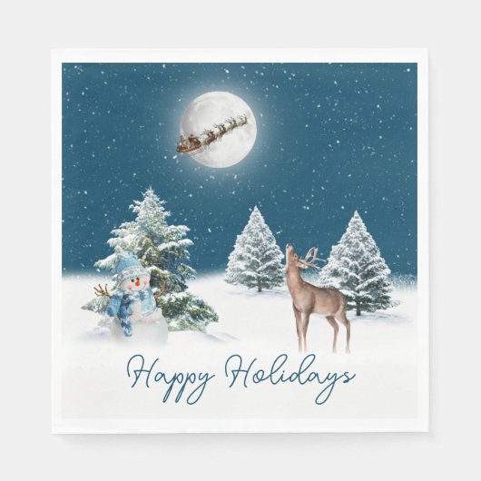 Serviette En Papier Snowman de vacances et cerf avec lune (Devant)