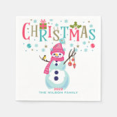Serviette En Papier Snowman Noël Turquoise Rose rouge Personnalisé (Devant)