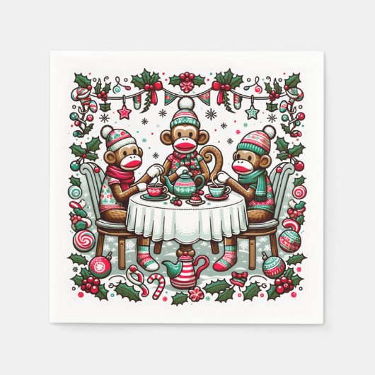 Serviette En Papier Sock Monkey Christmas Tea Party (Devant)