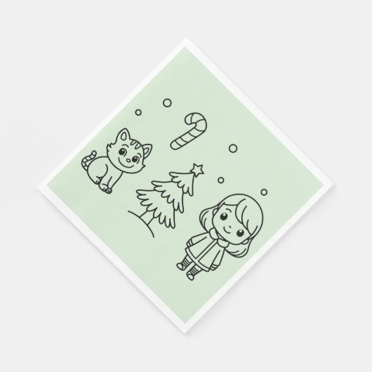 Serviette En Papier Soft Green Cute Girl and Cat Christmas Design (Coin)