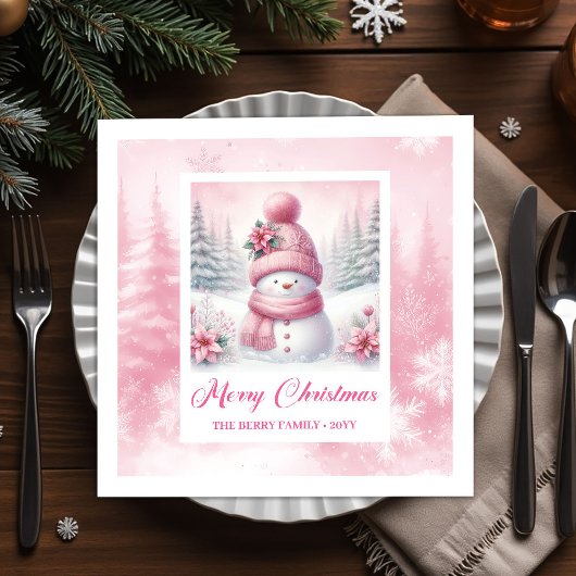 Serviette En Papier Soft Pink Snowman Winter Scene Christmas Napkins 