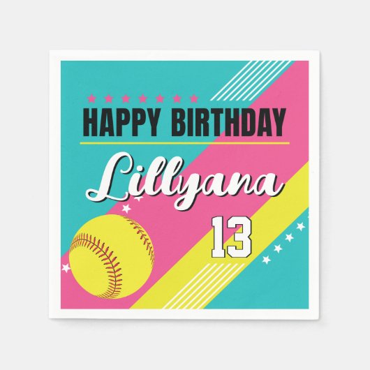 Serviette En Papier Softball rose Turquoise Jaune fête d'anniversaire, (Devant)
