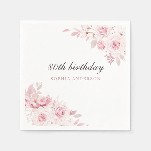 Serviette En Papier Soignée Blush Fleurs élégantes 80e fête d'annivers (Devant)