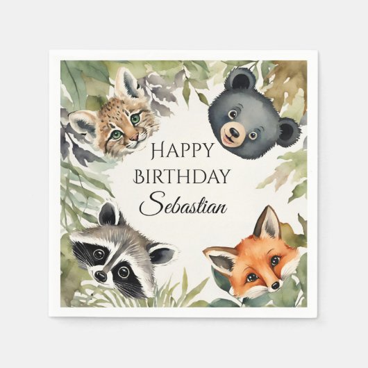 Serviette En Papier Soirée d'anniversaire des animaux du bois (Devant)