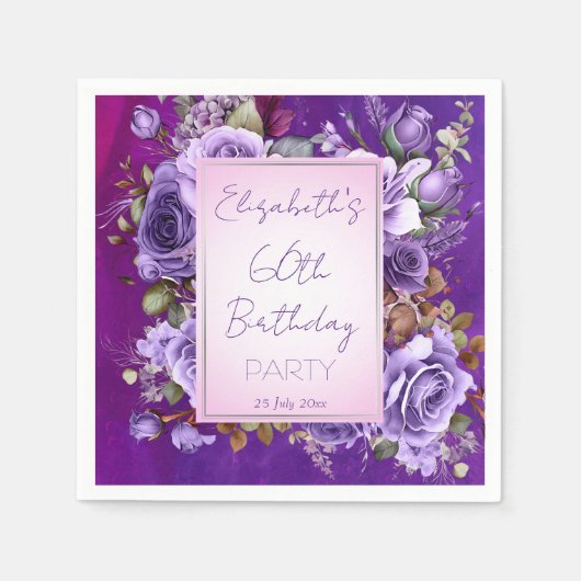 Serviette En Papier Soirée d'anniversaire élégante violet roses monogr (Devant)