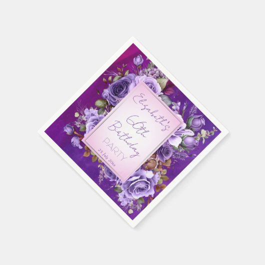 Serviette En Papier Soirée d'anniversaire élégante violet roses monogr (Coin)