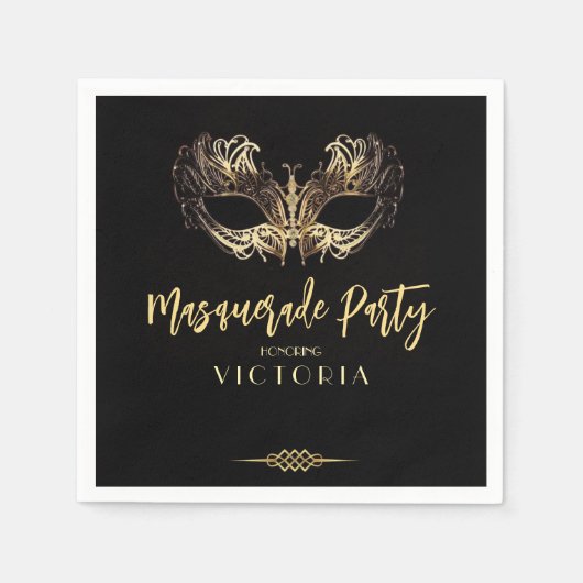 Serviette En Papier Soirée de mascarade en or noir élégant Anniversair (Devant)