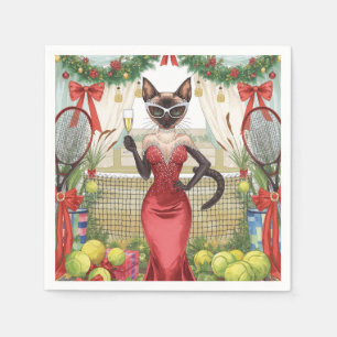 Serviette En Papier Soirée de Noël de tennis avec joueurs de chat