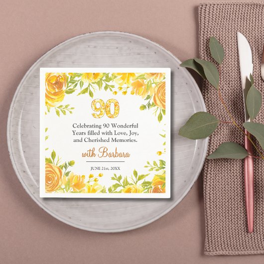 Serviette En Papier Soirée du 90e anniversaire - Décor de roses jaunes