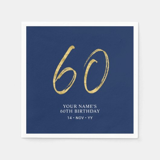 Serviette En Papier Soixante | Gold & Navy Blue Lettering 60th Birthda (Devant)