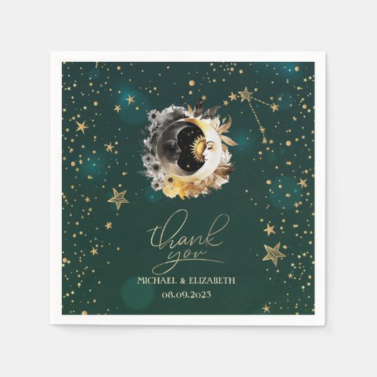 Serviette En Papier Soleil Céleste Et Fleurs Lune Étoiles Vert (Devant)