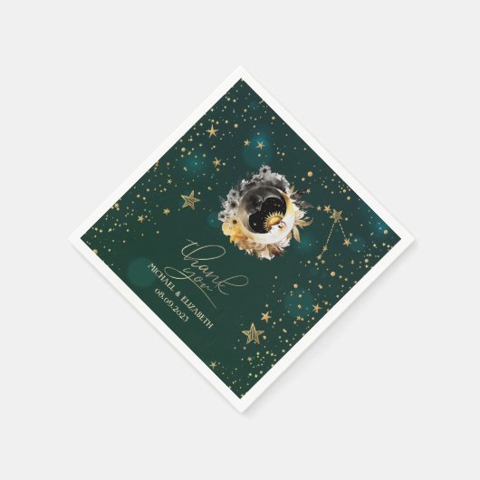 Serviette En Papier Soleil Céleste Et Fleurs Lune Étoiles Vert (Coin)