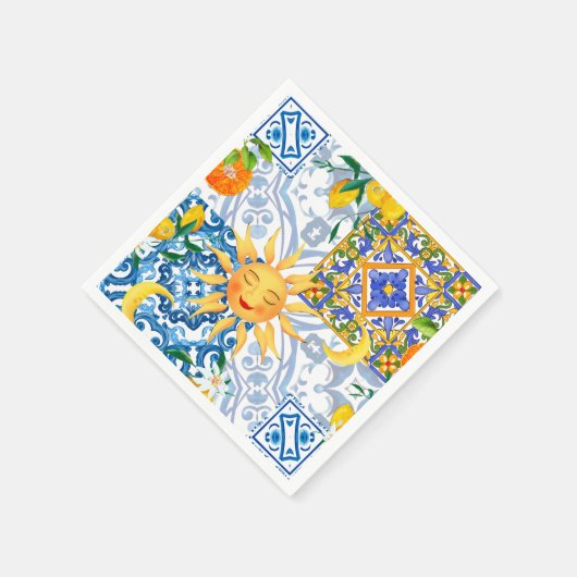 Serviette En Papier soleil méditerranéen, fleurs, citron, moitié lune, (Coin)