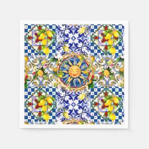 Serviette En Papier soleil sicilien, citron, carreaux méditerranéens,