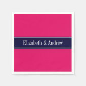 Serviette En Papier Solid Raspberry, Navy Blue Ribbon Nom monogram (Devant)