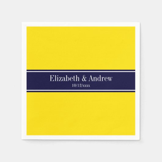 Serviette En Papier Solid Yellow, Navy Blue Ribbon Monogram (Devant)