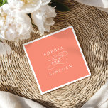 Serviette En Papier SOPHIA Romantic Bright Coral Mariage d'été<br><div class="desc">Cette serviette romantique de mariage corallien de la collection Sophia présente une calligraphie blanche à grande échelle. L'arrière - plan de pêche rose doux, les fioritures aérées et la typographie intemporelle sont parfaits pour un mariage amusant, classique et moderne. Personnalisez les serviettes avec le nom du couple et la date...</div>
