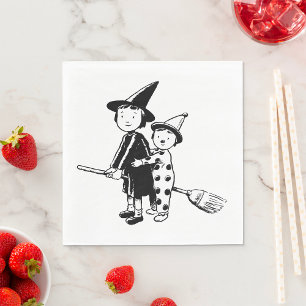 Serviette En Papier Sorcière d'Halloween et clown chevauchant un balai