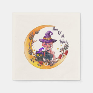 Serviette En Papier Sorcière et chat noir
