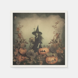 Serviette En Papier Sorcière gothique sépia avec citrouilles et roses 