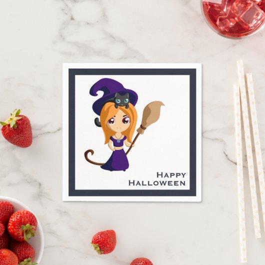 Serviette En Papier Sorcière mignonne en Casquette violet Halloween (En situation)