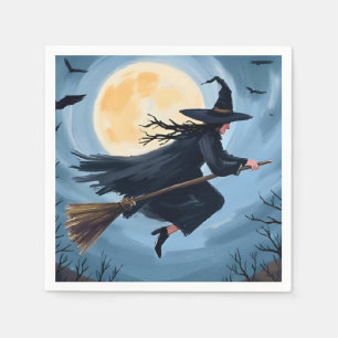 Serviette En Papier Sorcière sur un balai   Bonne peinture Halloween