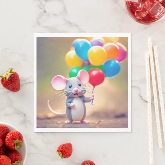 Serviette En Papier Souris D'Anniversaire Avec Ballons (En situation)