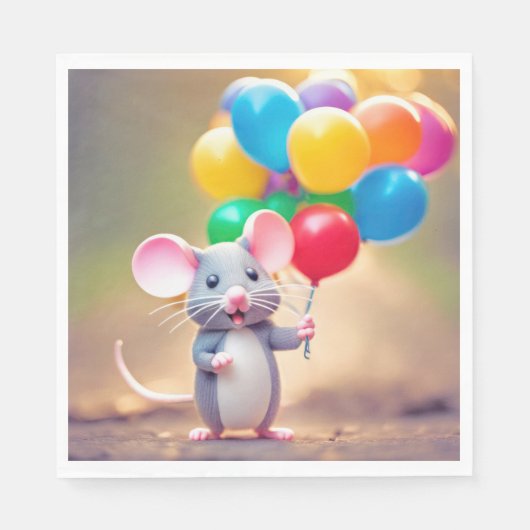 Serviette En Papier Souris D'Anniversaire Avec Ballons (Devant)