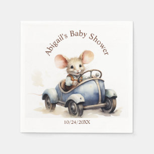 Serviette En Papier Souris d'aquarelle mignonne en voiture bleue Premi